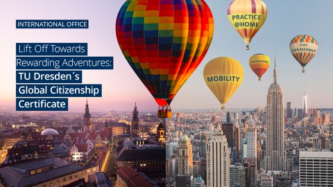 Heißluftballons schweben vor den Kulissen von Dresden und New York City. Das Bild wirbt für das Global Citizenship Certificate der TU Dresden.