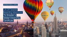 Heißluftballons schweben vor den Kulissen von Dresden und New York City. Das Bild wirbt für das Global Citizenship Certificate der TU Dresden.
