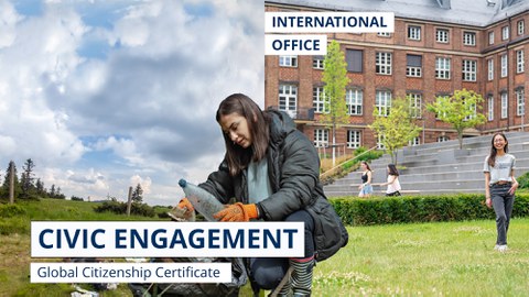 Das Bild zeigt eine Frau beim Müllsammeln und vor einem Gebäude der TU Dresden. dig. Auf dem Bild ist das Modul Civic Engagement des TUD Global Citizenship Certificate dargestellt.