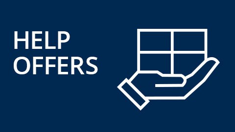 Die Grafik mit der Aufschrift "Help Offers" zeigt eine geöffnete Hand mit einem Paket darauf