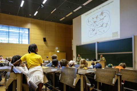 Viele Kinder sitzen in einem Hörsaal. Vor ihnen werden Folien einer Präsentation an die Wand geworfen.
