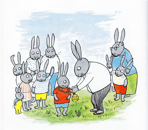 Das Bild zeigt eine Zeichnung von mehreren Hasen aus einem Kinderbuch von Elisabeth Shaw. Ein kleiner Hase erhält eine Medaille für Mut.