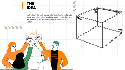 Illustration mit 4 Studierenden die sich ein High Five geben und das Modell einer Beleuchtungsbox