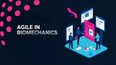 Illustration von Studierenden die Arbeiten. Dazu der Text Agile in Biomecanics