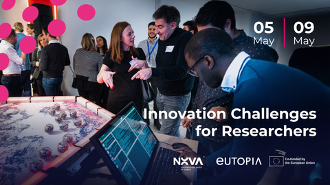 Wissenschaftler im Gespräch in einem Veranstaltungsraum. Dazu der Text Innovation Challenges for Researcheres
