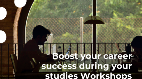 Ein Student am Schreibtisch, darüber der Text Student Career Ambassadors – VUB career guidance workshops