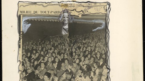 Annemirl Bauer: -	„Ich in Paris, Begrüßung in Paris“, 1987, 48x56,5cm, Collage mit Skribent, Tusche, Gouache