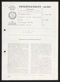 Patentschrift Nr. 4435 Programmgesteuerter elektronischer Digitalrechner – Der Kleinstrechenautomat D 4a – vom 17. Juli 1959 