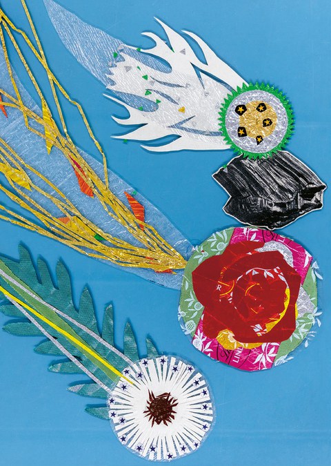 Sophie Lindner: Hinterglasarbeit „Komet Rose, Grüner Komet, Komet Pusteblume“ (2025) 