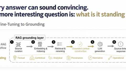 Schematic representation of a RAG grounding workflow: from source curation, retrieval, and context construction to a source-linked LLM response.