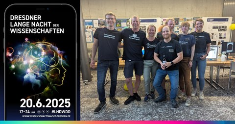 Das Foto zeigt eine Gruppe Personen vor einem Stand zur Langen Nacht der Wissenschaften.