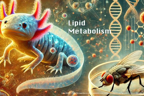 The image shows an artistic representation of lipid metabolism in the context of regeneration in axolotl and Drosophila. It contains a split structure with an axolotl on the left and a Drosophila on the right, surrounded by scientific and 