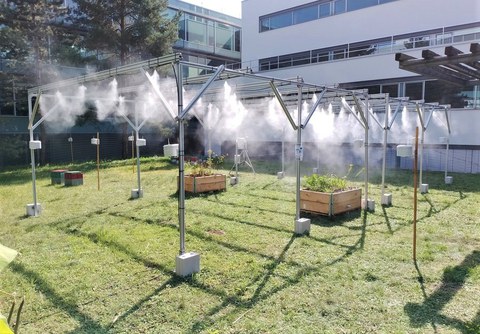 Metallgerüst auf einer grünen Wiese, oben am Gerüst sind Düsen, die feinen Wassernebel versprühen.
