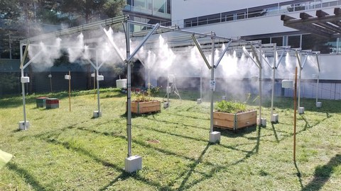 Metallgerüst auf einer grünen Wiese, oben am Gerüst sind Düsen, die feinen Wassernebel versprühen.