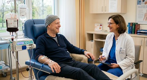 Ein Patient sitzt auf einer Krankenliege (links) und erhält eine Chemotherapie während er mit einer sitzenden Ärztin spricht (rechts)