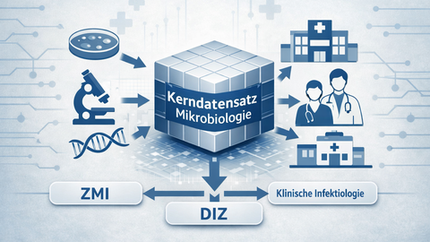 In der Mitte ein Würfel mit Text "Kerndatensatz Mikrobiologie", drei Pfeile nach unten, jeweils mit Texten "ZMI", "DIZ" und "Klinische Infektiologie", rund um den Würfel Icons für Petrischale, Mikroskop, DNA, Krankenhaus und Ärzte.