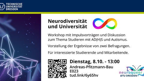 Die Graphik enthält ein Bildelement und Textbestandteile, um auf den Workshop des Projektes neuroqueer@TUD aufmerksam zu machen.