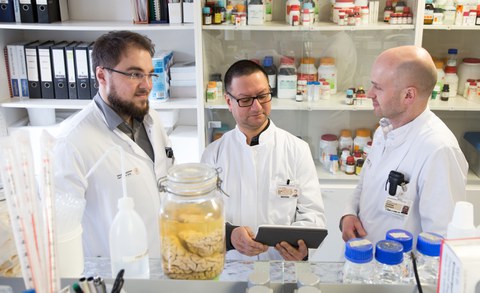 Marcel Naumann, Dr. Arun Pal und Prof. Dr. Dr. Andreas Hermann diskutieren die Ergebnisse ihrer Studie.