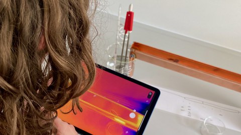 Ein Studentin erzeugt auf dem Tablet eine Wärmebildaufnahme einer Assel, die sich entlang eines Temperaturgradienten bewegt