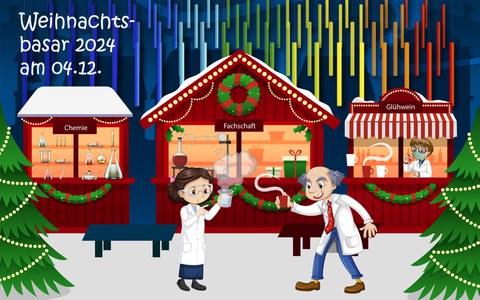 künstlerische Darstellung einer Weihnachtsmarktszene mit drei Personen im Stil von Chemikern