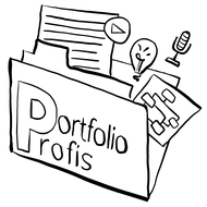 Logo des Projekts Portfolioprofis. Zeichnung einer Mappe. Darauf steht Portfolioprofis. Aus der Mappe sind ein Rechteck mit angedeudeter Schrift, ein PlayButton-Symbol, eine Glühlampe, ein Rechteck, das kleiner Rechtecke enthält. Diese sind durch gerade Linien ohne Pfeile verbunden.