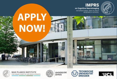 Zu sehen ist der Eingang des Gebäudes des MPI CBS in Leipzig sowie der Slogan "Apply now!"