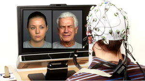 A Subjects sits with the leg cap on and looks at the screen with two faces presented on it