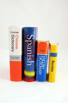 Das Foto zeigt vier unterschiedlich große Wörterbücher. Sie sind in einer Reihe nebeneinander aufgestellt. Die Wörterbücher sind für die Sprachen Russisch, Englisch, Spanisch und Chinesisch.
