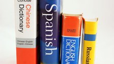 Das Foto zeigt vier unterschiedlich große Wörterbücher. Sie sind in einer Reihe nebeneinander aufgestellt. Die Wörterbücher sind für die Sprachen Russisch, Englisch, Spanisch und Chinesisch.