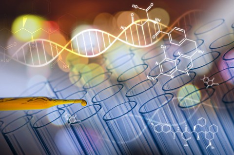 Das Foto zeigt viele Reagenzgläser und eine Pipette. Darüber befindet sich die grafische Darstellung mehrerer chemischer Formeln und eines DNA-Stranges. 