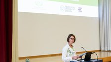 Frau in gelben Blazer und grünem Kleid steht am Pult. Hinter ihr wird eine Powerpoint mit einem Bild vom König Bau
