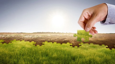 Eine Hand hält ein Puzzleteil über eine Wüste, die mit Gras in Form eines Puzzles bedeckt wird.