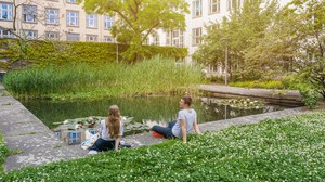 Das Foto zeigt zwei Studierende an einem Teich hinter dem Barkhausen-Bau der TU Dresden. Sie sitzen nebeneinander, halten aber 1,5 Meter Abstand zueinander. Auf der großen Wiese im Vordergrund blüht weißer Klee.