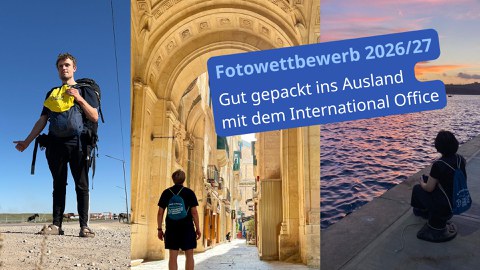 Drei Bilder von TUD-Studierenden. Einer steht als Anhalter auf der Straße, einer läuft durch einen hellen Torbogen in einer mediterran anmutenden Gasse, eine Person sitzt neben dem Wasser bei Sonnenuntergang. Alle tragen einen Rucksack des International Office.