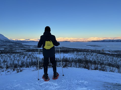Im Vordergrund steht eine Person mit dem Rücken zu uns und schaut auf eine verschneite Landschaft herab. 
