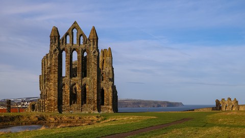 Die Ruine einer gotischen Kirche auf einer grünen Wiese am Meer