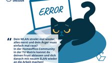 Auf der Collage sieht man eine Katze, die vor einem Laptop mit dem Desktop "ERROR" ihre Krallen ausfährt. Dazu steht: "[...] In der Homeoffice-Community kannst du deinen Frust ablassen und dich danach mit neuem ELAN wieder an die Arbeit machen!"
