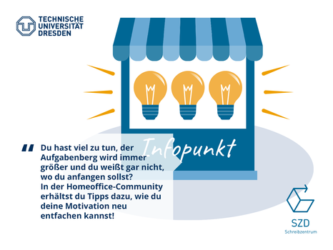 Auf der Collage sieht man einen Infopunkt, in dem Glühbirnen leuchten und den Text: "[...] In der Homeoffice-Community erhältst du Tipps dazu, wie du deine Motivation neu entfachen kannst!"
