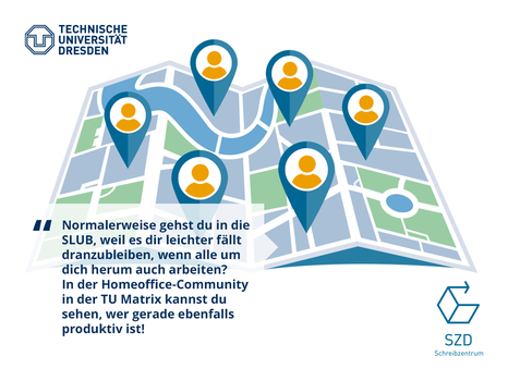Auf der Collage sieht man die Grafik einer Landkarte mit Personenicons sowie den Text: "[...] In der Homeoffice-Community kannst du sehen, wer gerade ebenfalls produktiv ist."
