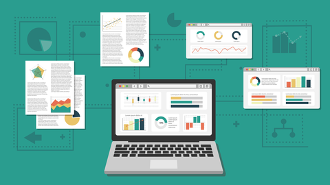 The illustration shows a laptop displaying different typs of diagrams. Around the laptop are two piece of paper and two displays, also showing diagrams.