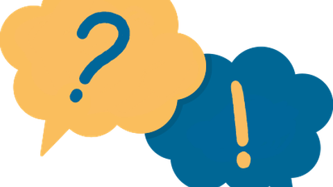 The graphic shows two speech bubbles next to each other: In the left one a question mark, in the right one an exclamation mark.