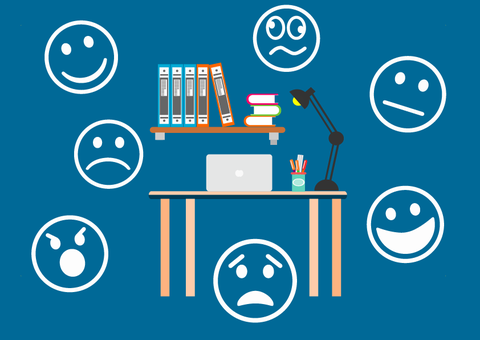 The graphic shows a desk in the center with a laptop, lamp and pen cup, and a sideboard with books and folders above it. Various smileys circle around it in a clockwise direction: laughing, confused, indecisive, happy, anxious, angry, sad.