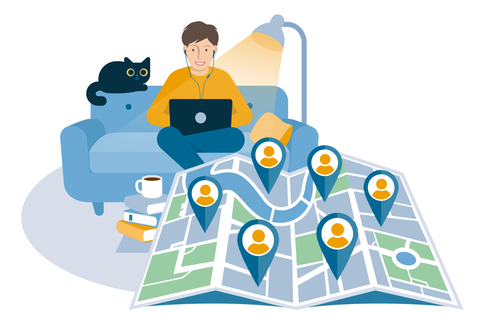 Die Grafik zeigt eine Person, die mit einer Katze und einem Laptop auf einem Sofa sitzt. Hinter dem Sofa steht eine Lampe, vor dem Sofa liegt ein Stapel mit Büchern. Daneben ist eine offene Faltkarte abgebildet, in der Punkte mit Menschen markiert sind.