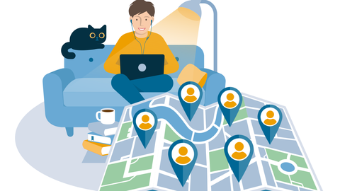 Die Grafik zeigt eine Person, die mit einer Katze und einem Laptop auf einem Sofa sitzt. Hinter dem Sofa steht eine Lampe, vor dem Sofa liegt ein Stapel mit Büchern. Daneben ist eine offene Faltkarte abgebildet, in der Punkte mit Menschen markiert sind.