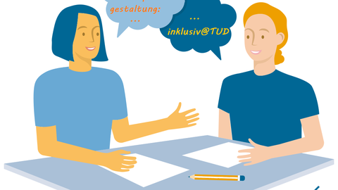 Two people sit opposite each other at a table, two sheets of paper and a pen in front of them, speech bubbles above them: "Reading and writing process design..." - "... inclusive@TUD".