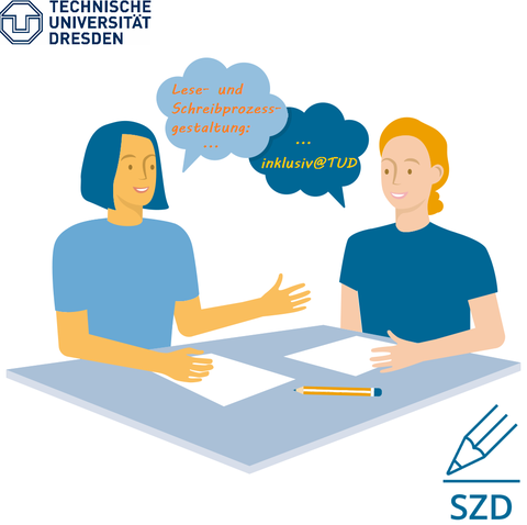 Zwei Personen sitzen sich an einem Tisch gegenüber, vor ihnen liegen jeweils zwei Blatt Papier und ein Stift, über ihnen Sprechblasen: "Lese- und Schreibprozessgestaltung..." - "... inklusiv@TUD".