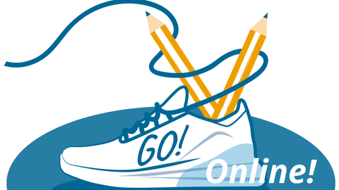 Die Illustration zeigt einen Turnschuh, in dessen Schaft zwei Bleistifte stecken, die von den Schnürsenkeln nach oben gehalten werden. Auf dem Schuh steht "GO!". Unter dem Schuh steht "Online!"