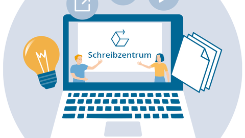 Die Grafik zeigt symbolisch einen Laptop, auf dem eine Präsentation des Schreibzentrums läuft. Eine Glühbirne sowie je ein Link-, Audio-, Video- und Datensymbol fliegen im Halbkreis über den Bildschirm hinweg.