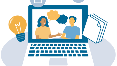 The graphic shows a laptop with two people talking to each other on the desktop. Symbols circle around the laptop, from left to right: light bulb, document arrow, loudspeaker, play button, documents.
