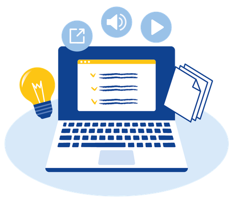 Auf einem Laptop ist eine Checkliste angezeigt, um den Laptop herum kreisen fünf Symbole: eine Glühbirne, ein Downloadpfeil, ein Mikrophon, eine Playtaste und eine Dokumentenmappe.